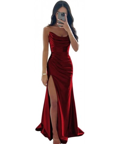 Women's Satin Bridesmaid Dresses Strapless Prom Dresses Long Pleated Mermaid Formal Party Dress with Slit UU29 Burgundy $20.8...