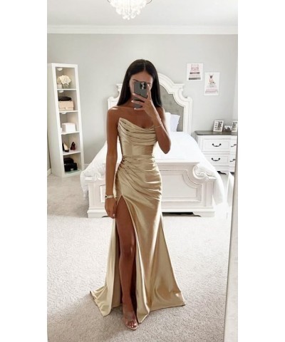 Women's Satin Bridesmaid Dresses Strapless Prom Dresses Long Pleated Mermaid Formal Party Dress with Slit UU29 Burgundy $20.8...