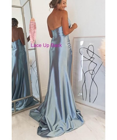 Women's Satin Bridesmaid Dresses Strapless Prom Dresses Long Pleated Mermaid Formal Party Dress with Slit UU29 Burgundy $20.8...