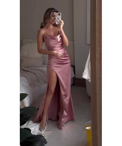 Women's Satin Bridesmaid Dresses Strapless Prom Dresses Long Pleated Mermaid Formal Party Dress with Slit UU29 Burgundy $20.8...