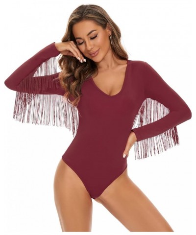 Women's Fringe Trim V Neck Long Sleeve Bodysuit Top Body Suit Concert Cowgirl Disco Outfits Leotard Jumpsuit Wine Red $16.23 ...