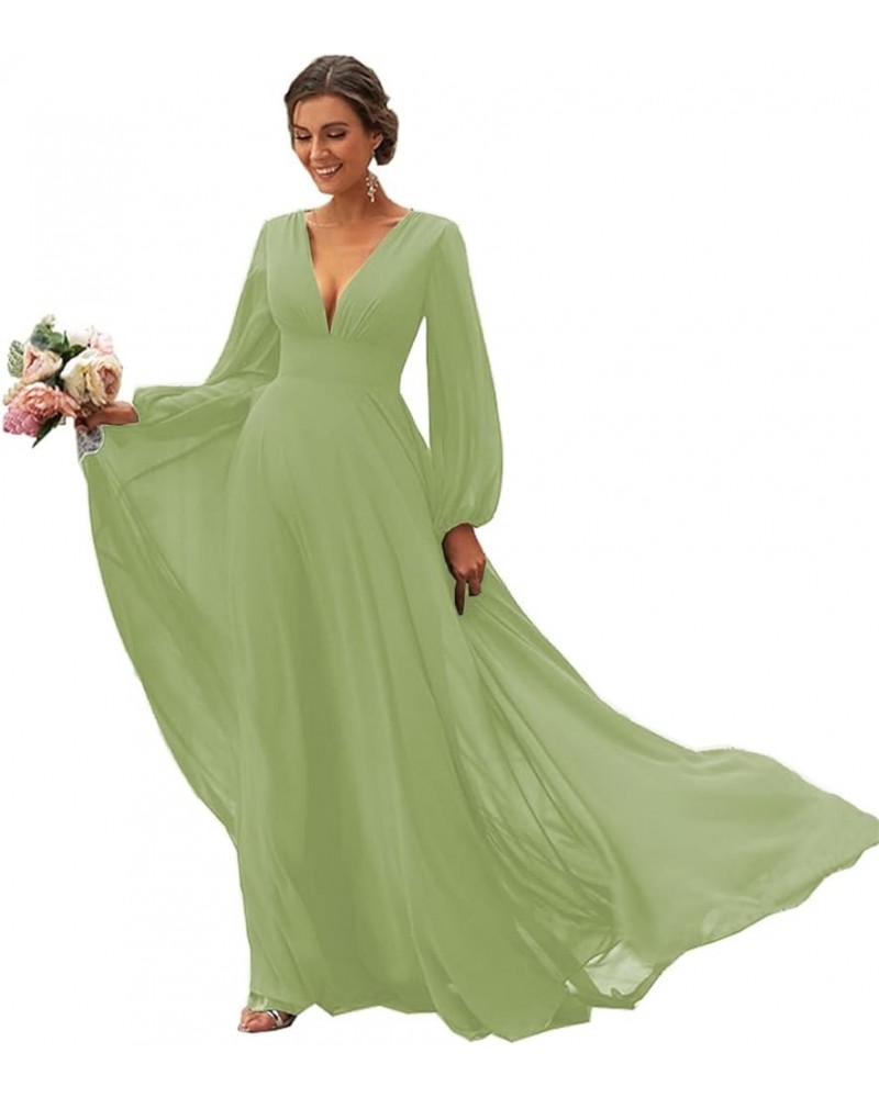 Women's Long Sleeves Bridesmaid Dresses V-Neck Chiffon A Line Formal Dress Evening Gowns with Train Sage $29.14 Dresses