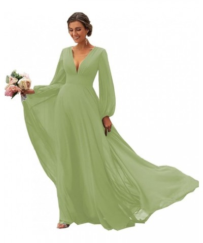 Women's Long Sleeves Bridesmaid Dresses V-Neck Chiffon A Line Formal Dress Evening Gowns with Train Sage $29.14 Dresses