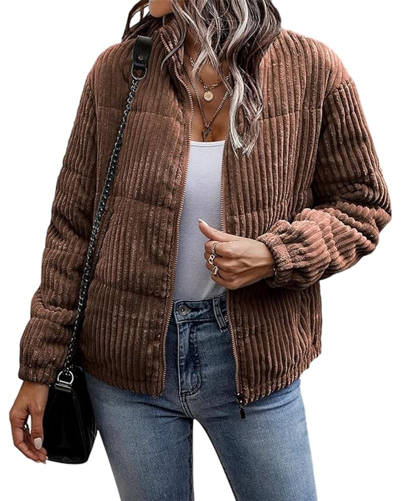 Women' s Corduroy Puffer Jacket Full Zip Puffy Jackets Long Sleeve Winter Bubble Coats Warm Outerwear Coats 01coffee $9.00 Ja...