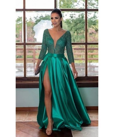 Satin Prom Dresses Long A Line Ball Gowns with Slit Sequin Evening Formal Dresses for Women Backless 2024 Grayish Blue $41.24...