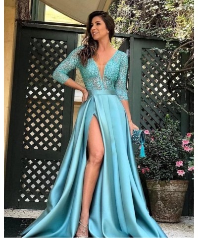 Satin Prom Dresses Long A Line Ball Gowns with Slit Sequin Evening Formal Dresses for Women Backless 2024 Grayish Blue $41.24...