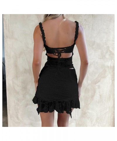 Women Two Piece Outfit Cami Top Skirt Set Sleeveless Bodycon 2 Piece Tube Top Mini Skirt Y2k Matching Set Suiting Zz-lace Bla...