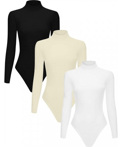 3 Piece Women's Mock Turtle Neck Long Sleeve Bodysuit T Shirts Body Suit Tops Black/White/Khaki $14.74 Bodysuits