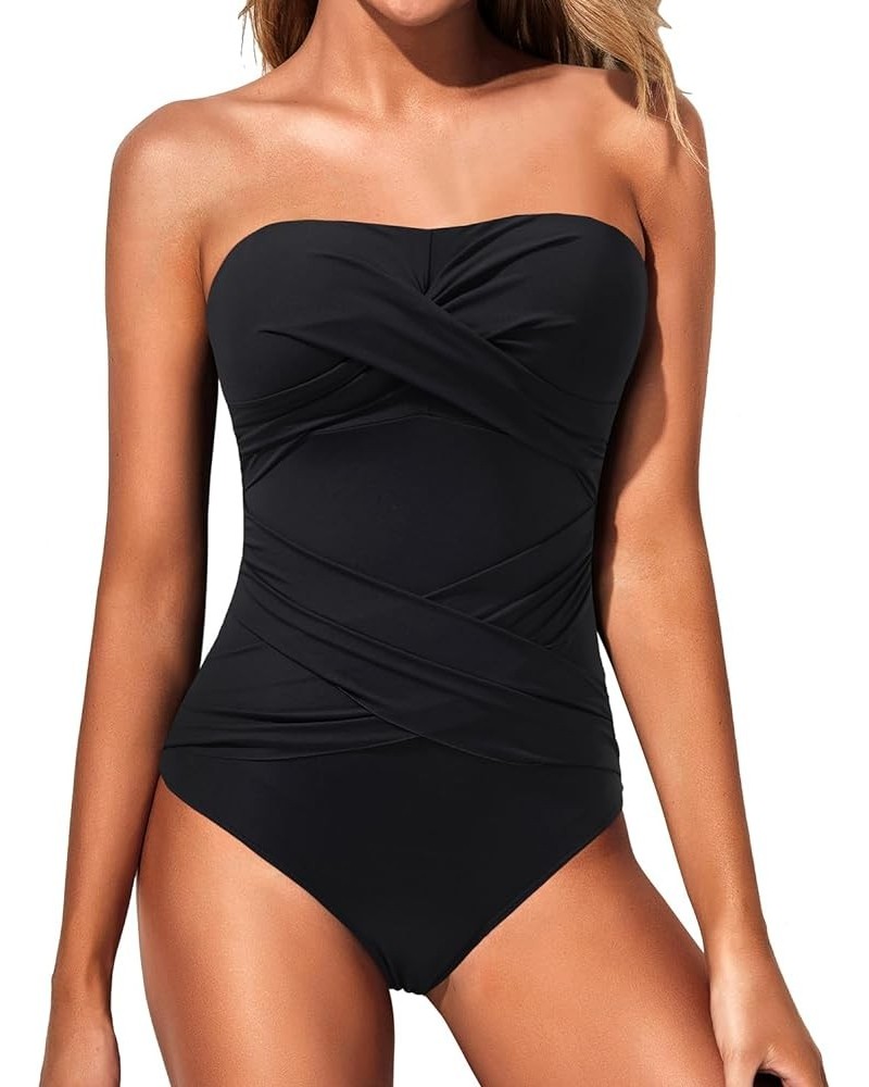 Women Strapless One Piece Swimsuits Tummy Control Bandeau Bathing Suits Retro Slimming Swimwear Black $18.33 Swimsuits