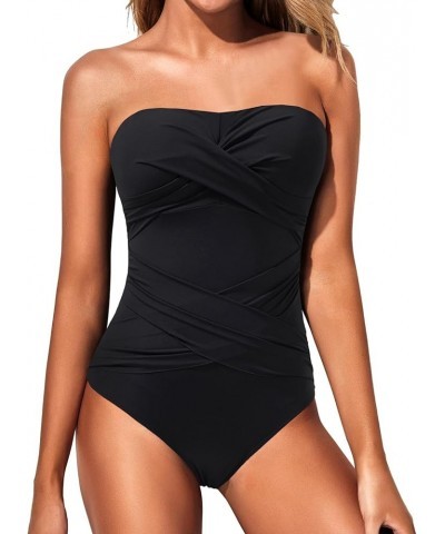 Women Strapless One Piece Swimsuits Tummy Control Bandeau Bathing Suits Retro Slimming Swimwear Black $18.33 Swimsuits