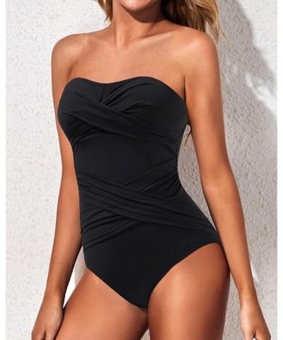 Women Strapless One Piece Swimsuits Tummy Control Bandeau Bathing Suits Retro Slimming Swimwear Black $18.33 Swimsuits