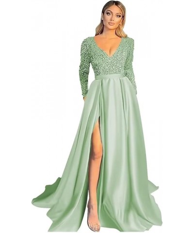 Women's V Neck Long Sleeve Prom Dresses Slit Satin Sequin Ball Gown Formal Evening Gowns with Pockets B-sage Green $39.74 Dre...