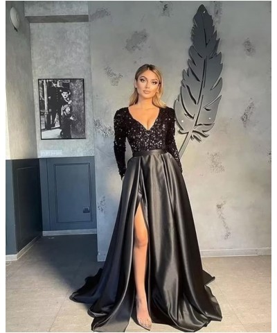 Women's V Neck Long Sleeve Prom Dresses Slit Satin Sequin Ball Gown Formal Evening Gowns with Pockets B-sage Green $39.74 Dre...