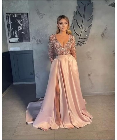 Women's V Neck Long Sleeve Prom Dresses Slit Satin Sequin Ball Gown Formal Evening Gowns with Pockets B-sage Green $39.74 Dre...