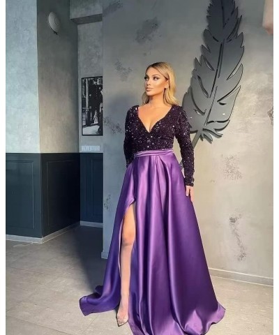 Women's V Neck Long Sleeve Prom Dresses Slit Satin Sequin Ball Gown Formal Evening Gowns with Pockets B-sage Green $39.74 Dre...