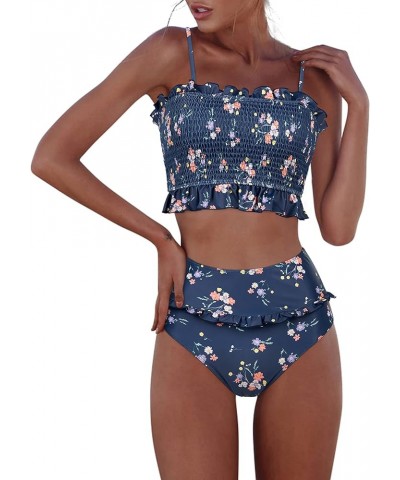 Womens Shirred Bandeau Bikini Cute Two Piece Swimsuit Off Shoulder High Waist Bathing Suit Blue Floral -2 $14.08 Swimsuits