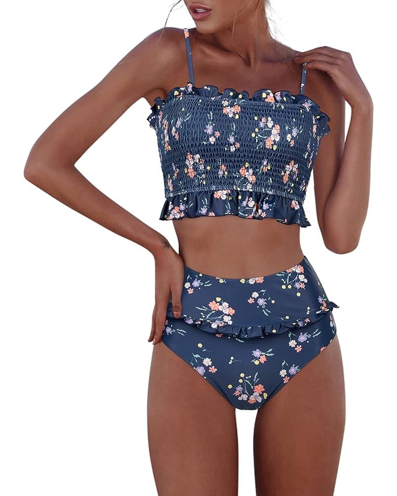 Womens Shirred Bandeau Bikini Cute Two Piece Swimsuit Off Shoulder High Waist Bathing Suit Blue Floral -2 $14.08 Swimsuits