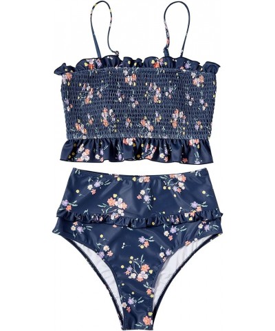 Womens Shirred Bandeau Bikini Cute Two Piece Swimsuit Off Shoulder High Waist Bathing Suit Blue Floral -2 $14.08 Swimsuits