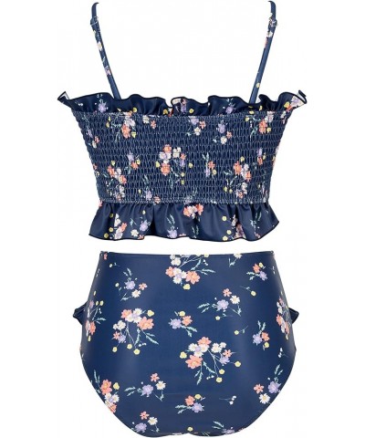 Womens Shirred Bandeau Bikini Cute Two Piece Swimsuit Off Shoulder High Waist Bathing Suit Blue Floral -2 $14.08 Swimsuits