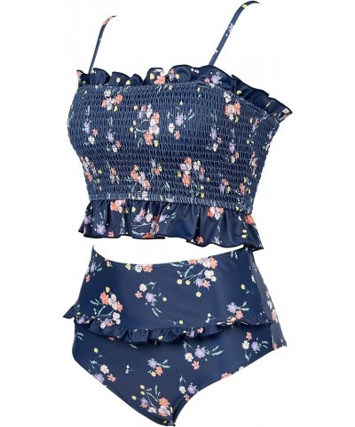 Womens Shirred Bandeau Bikini Cute Two Piece Swimsuit Off Shoulder High Waist Bathing Suit Blue Floral -2 $14.08 Swimsuits