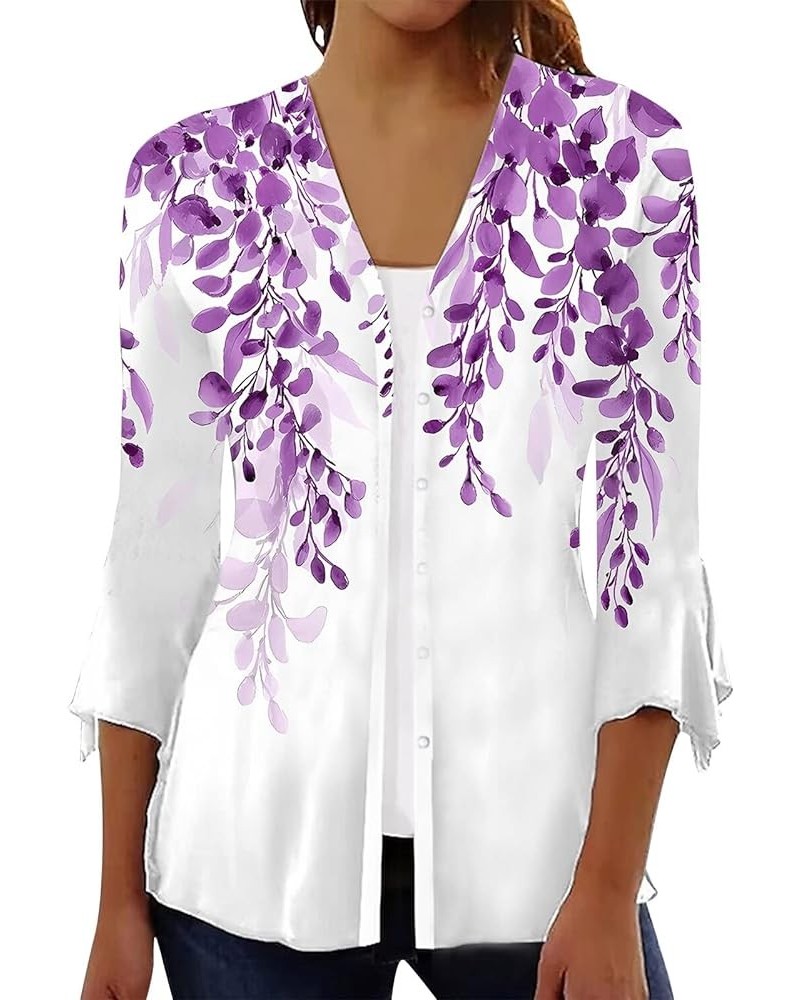 3/4 Sleeve Cardigans for Women Lightweight Extra Soft Open Front Casual Vintage Floral Print Various Style Cardigan 02-purple...