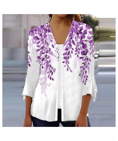 3/4 Sleeve Cardigans for Women Lightweight Extra Soft Open Front Casual Vintage Floral Print Various Style Cardigan 02-purple...