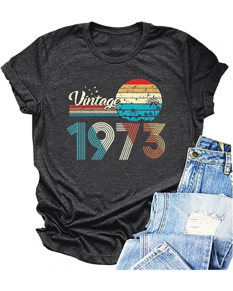 50th Birthday Gift Shirts Vintage 1973 Original Parts T Shirt for Women Letter Print Retro Birthday Casual Tee Tops Dark Grey...