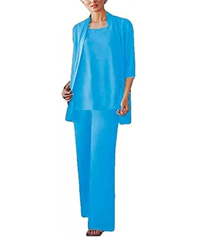 Women Pant Suits Elegant 3 PC Chiffon Mother of The Bride Wedding Evening Groom Gowns Light Blue $35.20 Suits