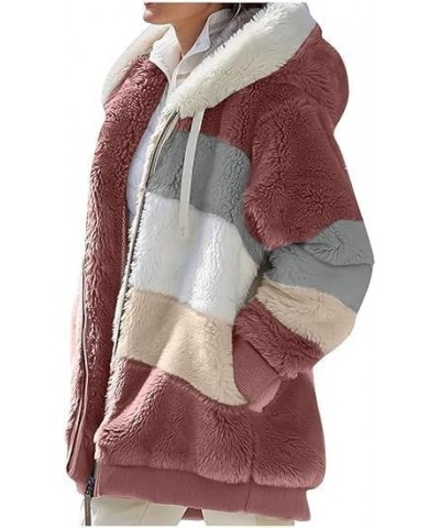 Women Winter Fuzzy Fleece Zip Up Jacket Fluffy Sherpa Cardigan Outerwear Coat Color Block Patchwork Hooded Coat 05 Red $10.14...