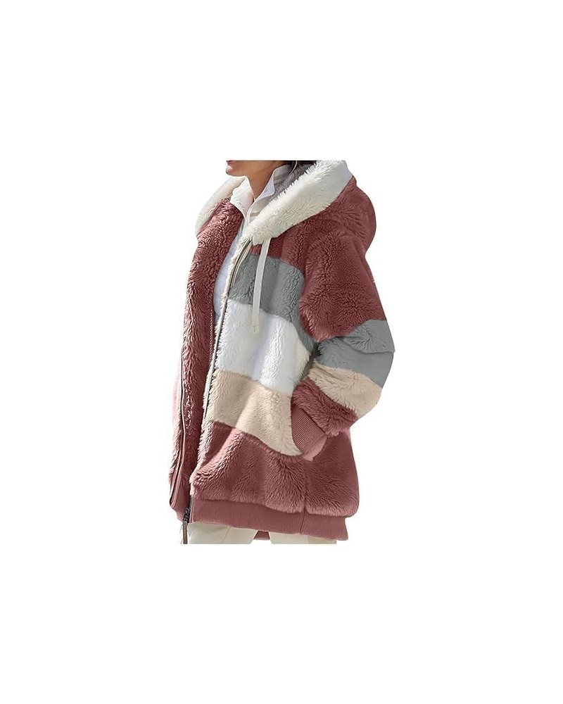 Women Winter Fuzzy Fleece Zip Up Jacket Fluffy Sherpa Cardigan Outerwear Coat Color Block Patchwork Hooded Coat 05 Red $10.14...