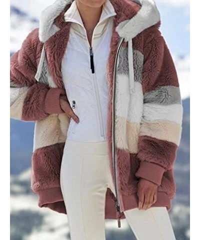 Women Winter Fuzzy Fleece Zip Up Jacket Fluffy Sherpa Cardigan Outerwear Coat Color Block Patchwork Hooded Coat 05 Red $10.14...