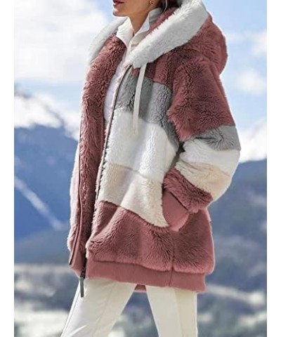 Women Winter Fuzzy Fleece Zip Up Jacket Fluffy Sherpa Cardigan Outerwear Coat Color Block Patchwork Hooded Coat 05 Red $10.14...