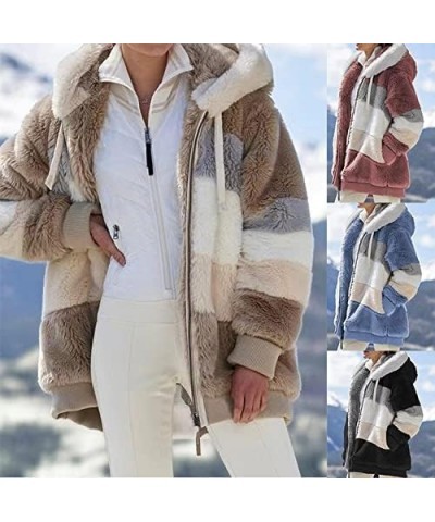 Women Winter Fuzzy Fleece Zip Up Jacket Fluffy Sherpa Cardigan Outerwear Coat Color Block Patchwork Hooded Coat 05 Red $10.14...