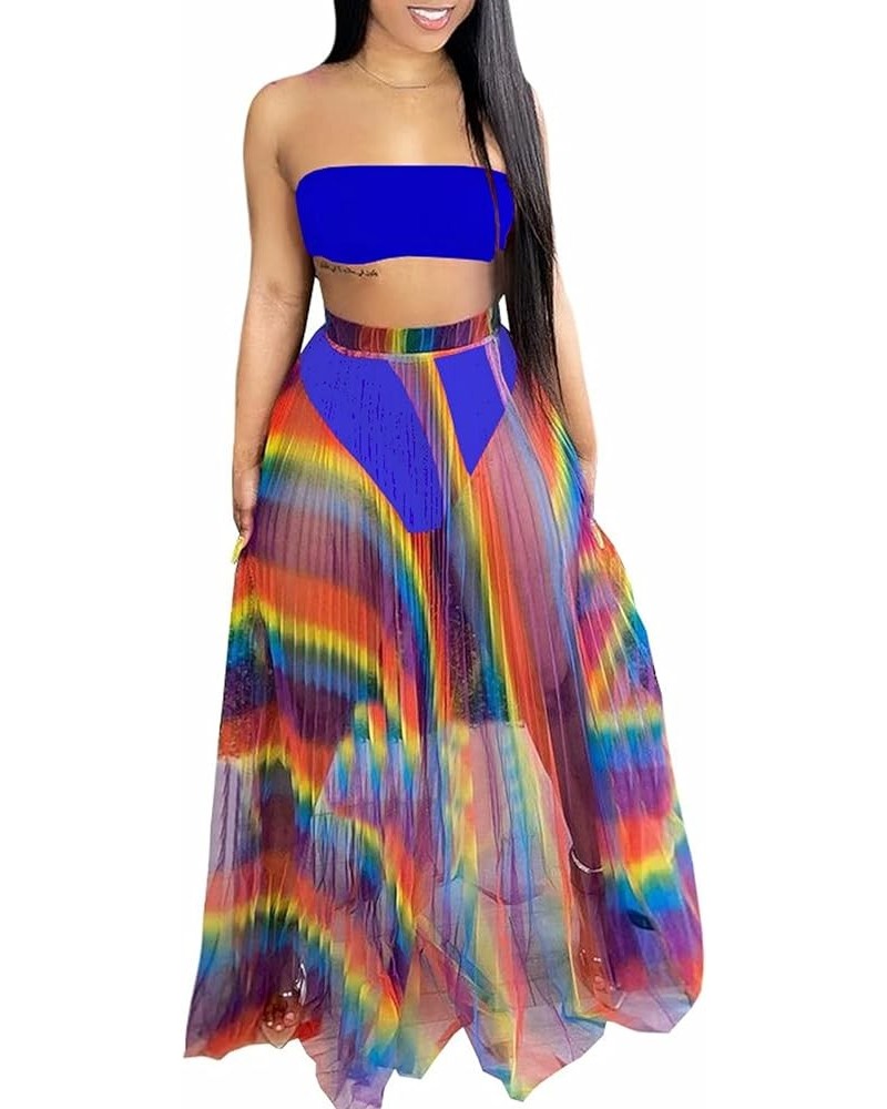 Women Sexy Bikini Cover Up Set Strapless Tube Crop Top Mesh Maxi Skirt 3 Piece Set Beachwear X-blue $15.00 Swimsuits