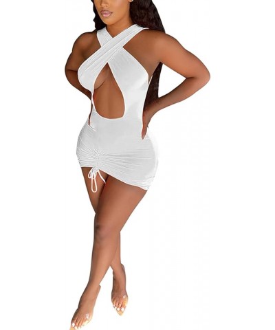 Women Sexy Mini Dresses Crisscross Bandage Halter Top Ruched Skirts Bodycon Short Dress Party Club White $15.29 Dresses