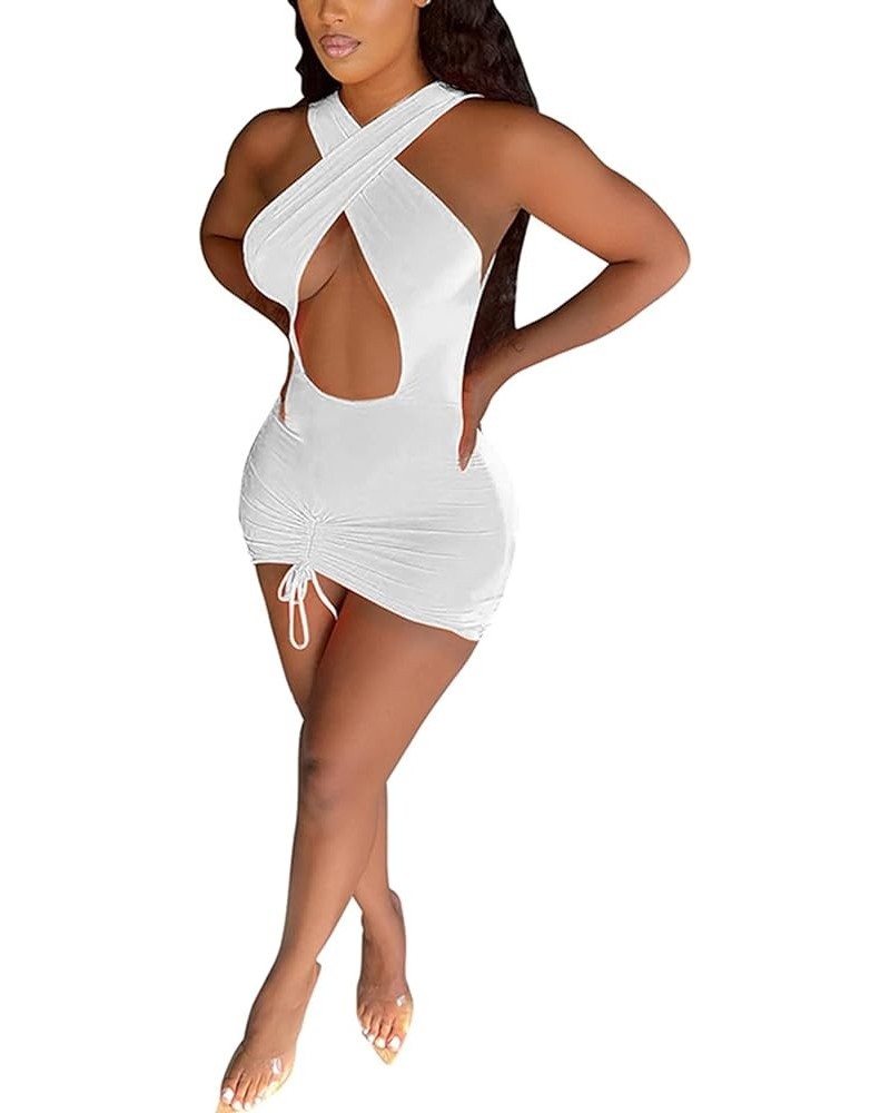 Women Sexy Mini Dresses Crisscross Bandage Halter Top Ruched Skirts Bodycon Short Dress Party Club White $15.29 Dresses