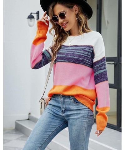 LIFOER Women's Color Block Pullover Sweater Long Sleeve Knit Patchwork Sweater Casual Crewneck Jumper Tops Purple $10.25 Swea...