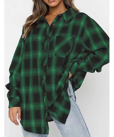 Womens Flannel Plaid Shirts Oversized Long Sleeve Button Down Buffalo Plaid Shirt Blouse Tops Green $9.66 Blouses