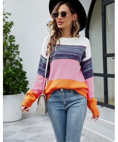 LIFOER Women's Color Block Pullover Sweater Long Sleeve Knit Patchwork Sweater Casual Crewneck Jumper Tops Purple $10.25 Swea...