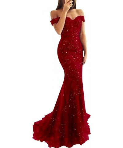 Lace Mermaid Prom Dresses for Women Bodycon Off The Shoulder Formal Dress with Train BD409 Burgundy $44.10 Dresses