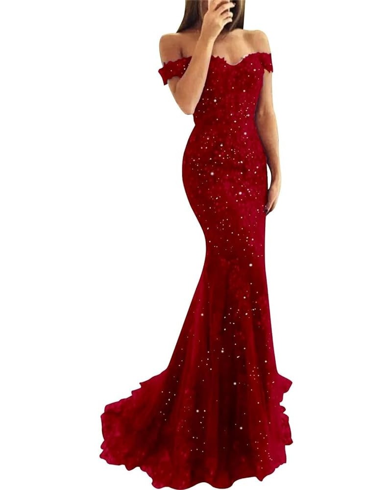 Lace Mermaid Prom Dresses for Women Bodycon Off The Shoulder Formal Dress with Train BD409 Burgundy $44.10 Dresses