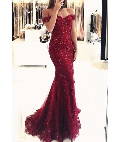 Lace Mermaid Prom Dresses for Women Bodycon Off The Shoulder Formal Dress with Train BD409 Burgundy $44.10 Dresses