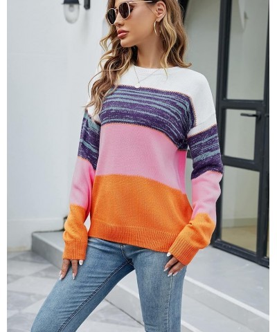 LIFOER Women's Color Block Pullover Sweater Long Sleeve Knit Patchwork Sweater Casual Crewneck Jumper Tops Purple $10.25 Swea...