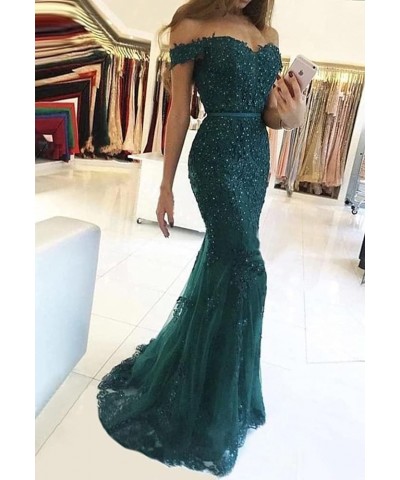 Lace Mermaid Prom Dresses for Women Bodycon Off The Shoulder Formal Dress with Train BD409 Burgundy $44.10 Dresses