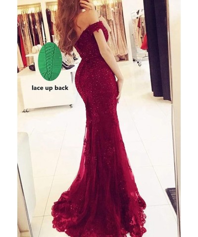 Lace Mermaid Prom Dresses for Women Bodycon Off The Shoulder Formal Dress with Train BD409 Burgundy $44.10 Dresses