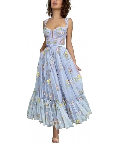 Flower Embroidered Tulle Prom Dresses Corset Tea Length Sweetheart Neck Formal Evening Party Gown 01-blue $42.92 Dresses