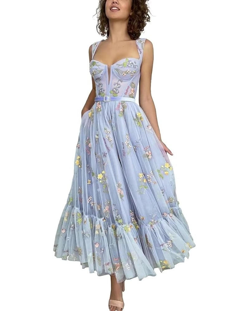 Flower Embroidered Tulle Prom Dresses Corset Tea Length Sweetheart Neck Formal Evening Party Gown 01-blue $42.92 Dresses