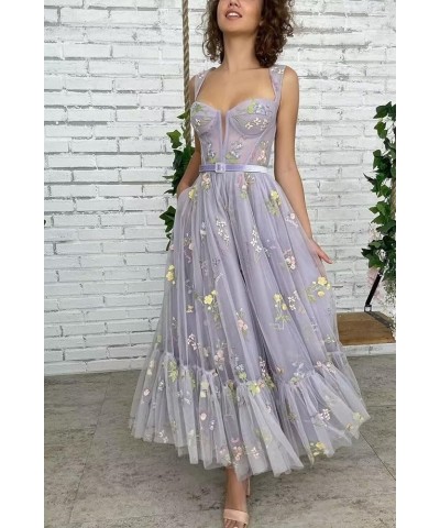 Flower Embroidered Tulle Prom Dresses Corset Tea Length Sweetheart Neck Formal Evening Party Gown 01-blue $42.92 Dresses