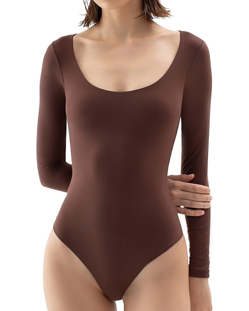 Women's Scoop Neck Long Sleeve Bodysuit Body-hugging Sexy Tops Smoke Cloud Collection 05 Tiramisu $20.05 Bodysuits