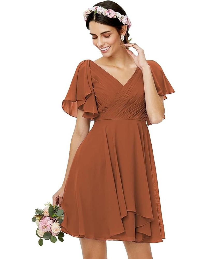 V Neck Short Bridesmaid Dresses with Ruffle Sleeves Chiffon A Line Formal Evening Gowns Burnt Orange $25.99 Dresses